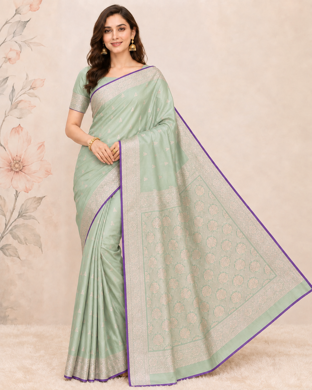 Banarasi Dusty Green Katan Satin Silk Saree