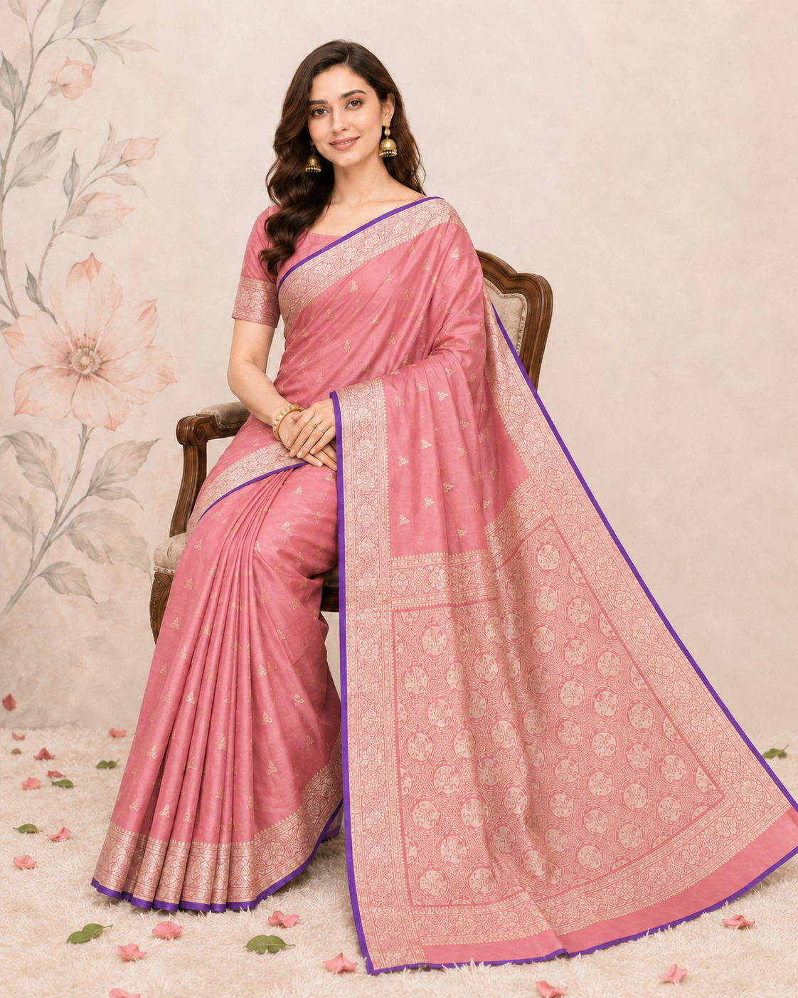 Banarasi Dusty Peach Katan Satin Silk Saree