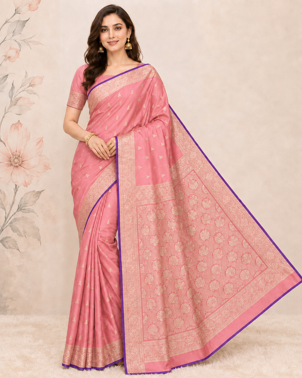 Banarasi Dusty Peach Katan Satin Silk Saree