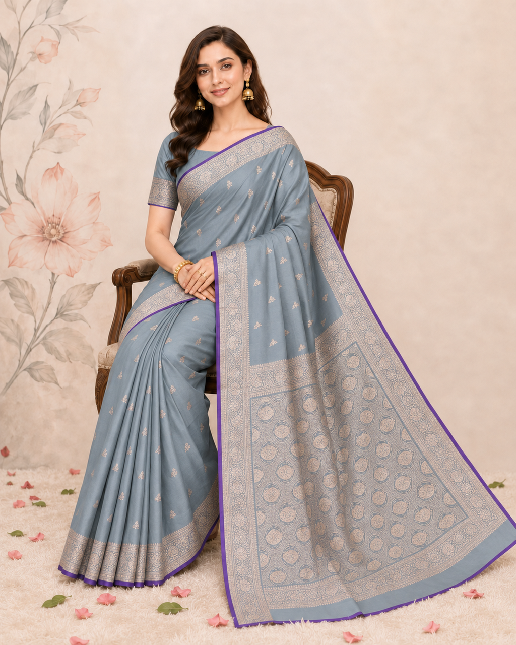 Banarasi Dusty Grey Katan Satin Silk Saree