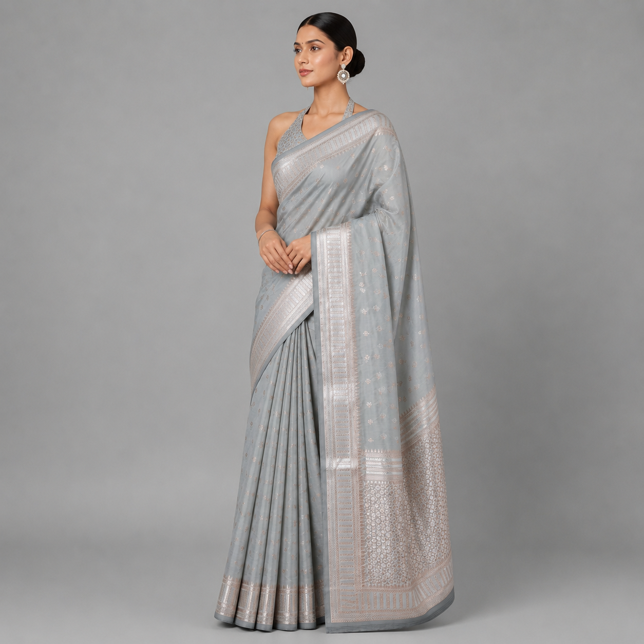 Sterling Silver Grey Katan Silk Saree