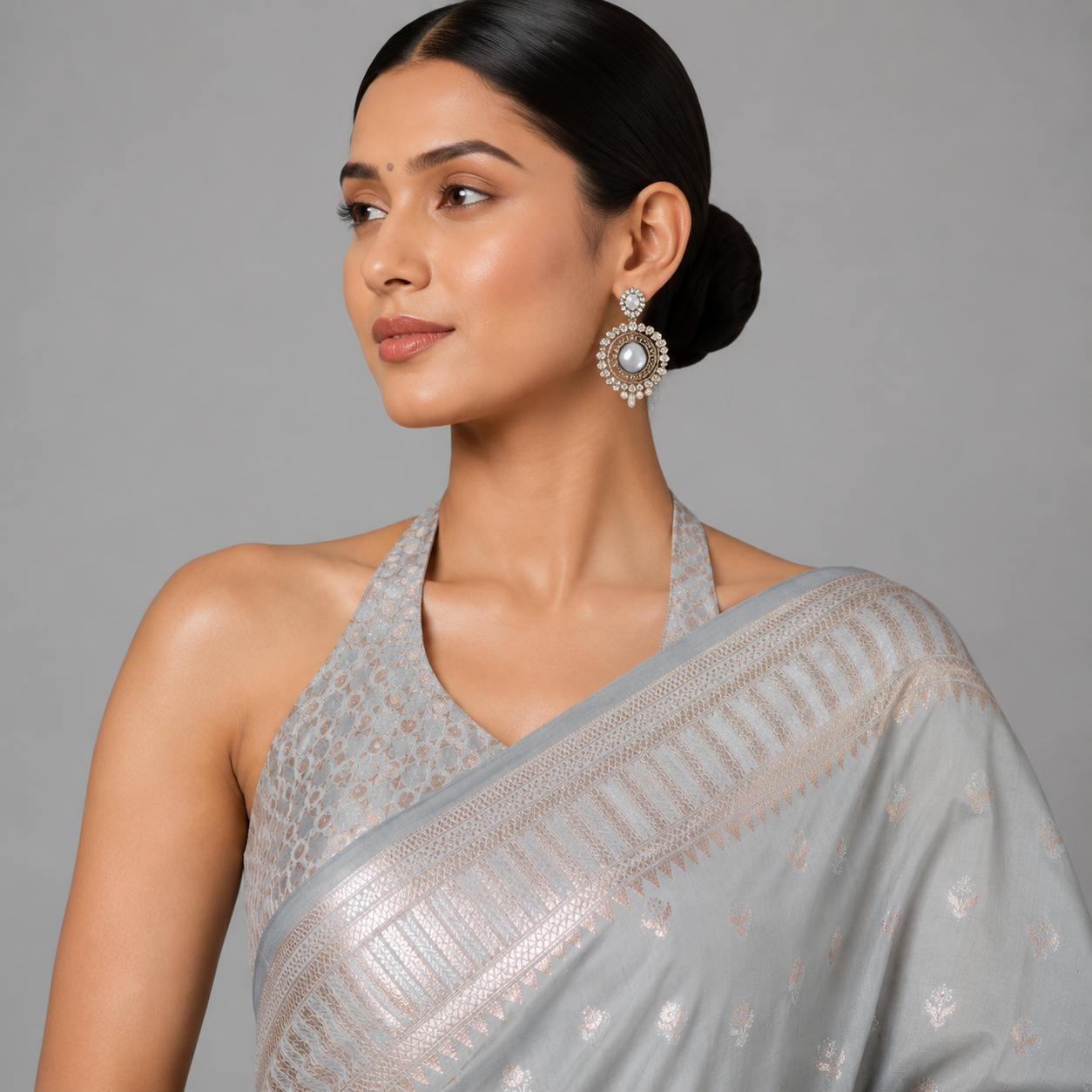 Sterling Silver Grey Katan Silk Saree