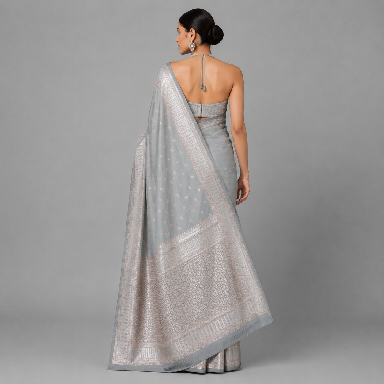 Sterling Silver Grey Katan Silk Saree