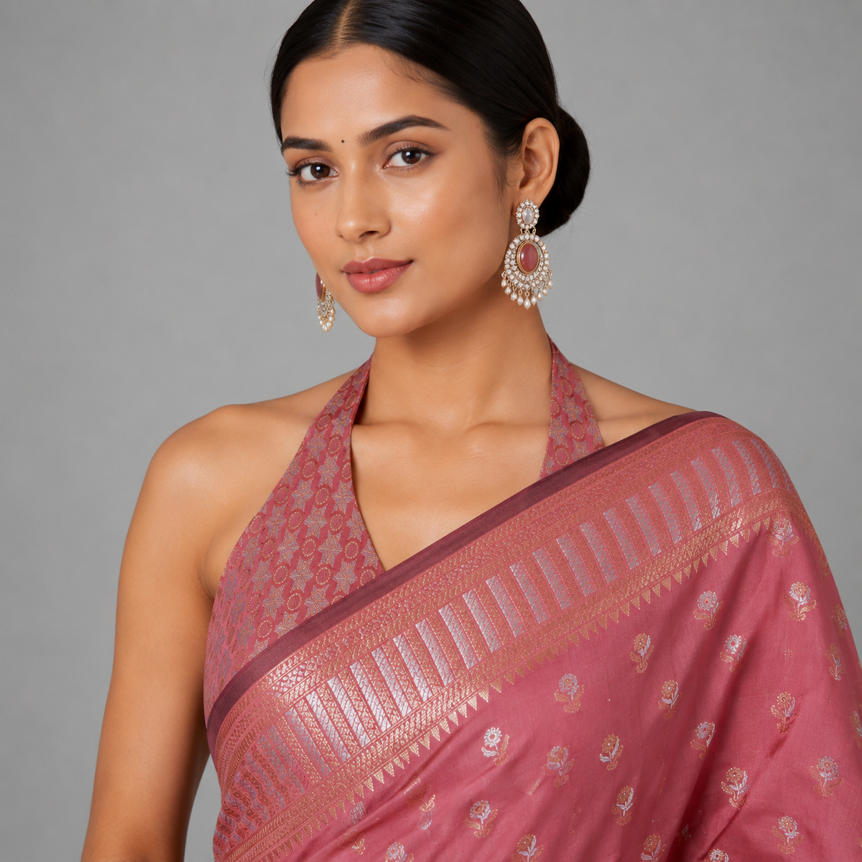 Vintage Rose Pink Katan Silk Saree