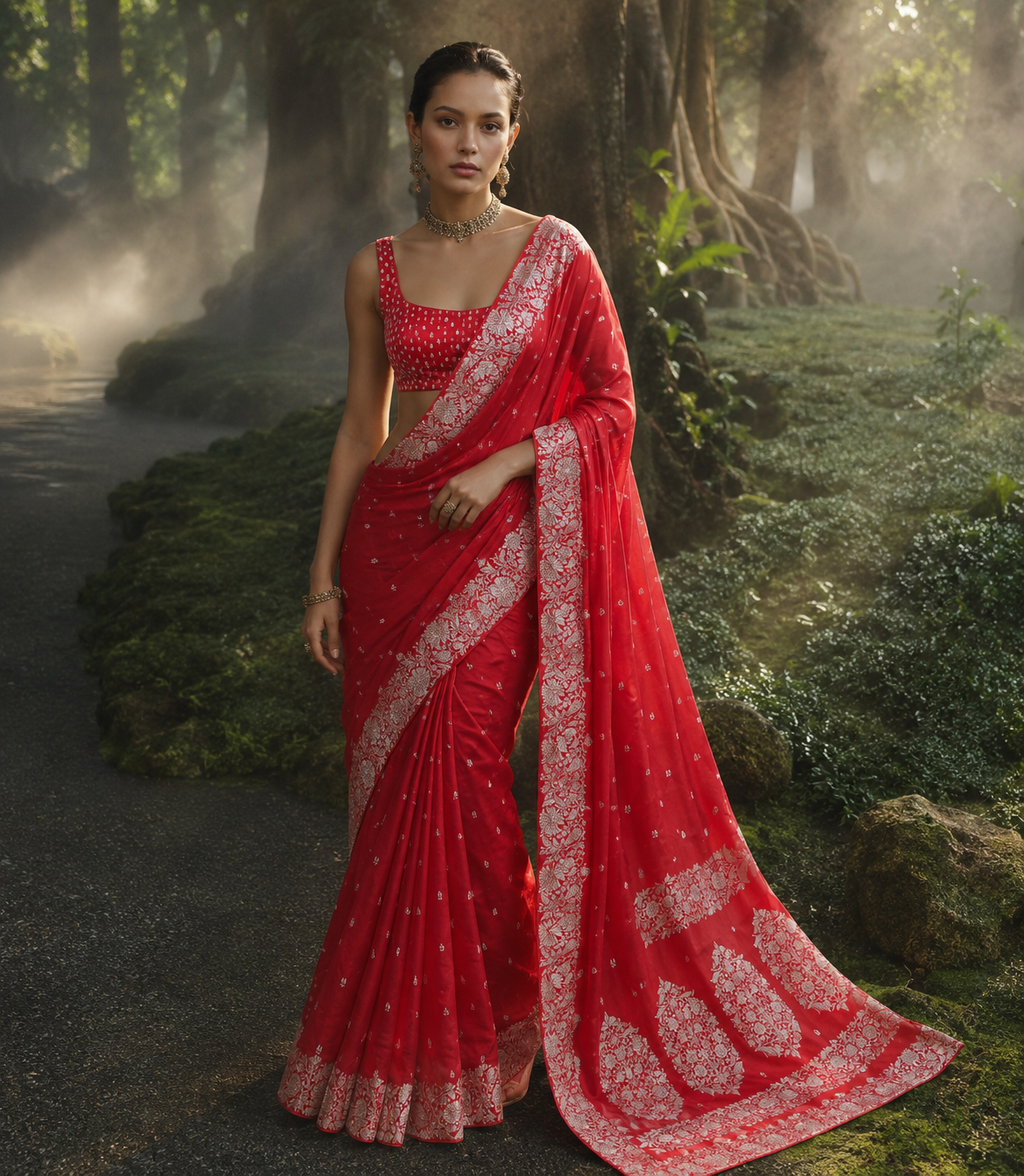Banarasi Cross Red Shades Booti Pattern Mashru Silk Saree