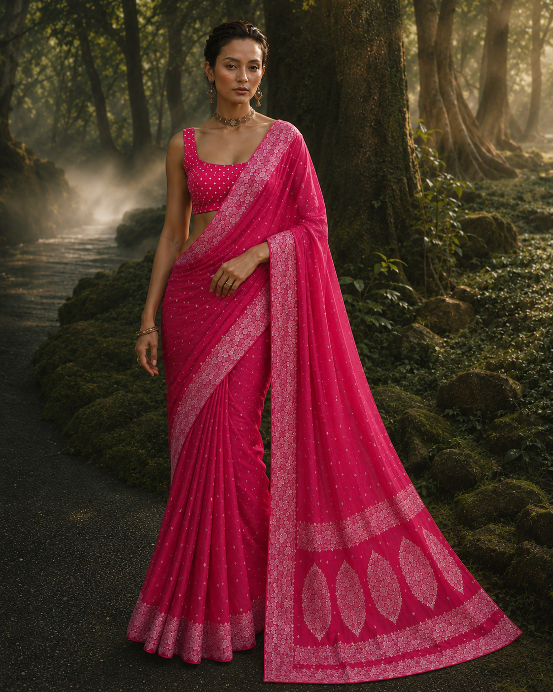 Banarasi Cross Pink Shades Booti Pattern Mashru Silk Saree