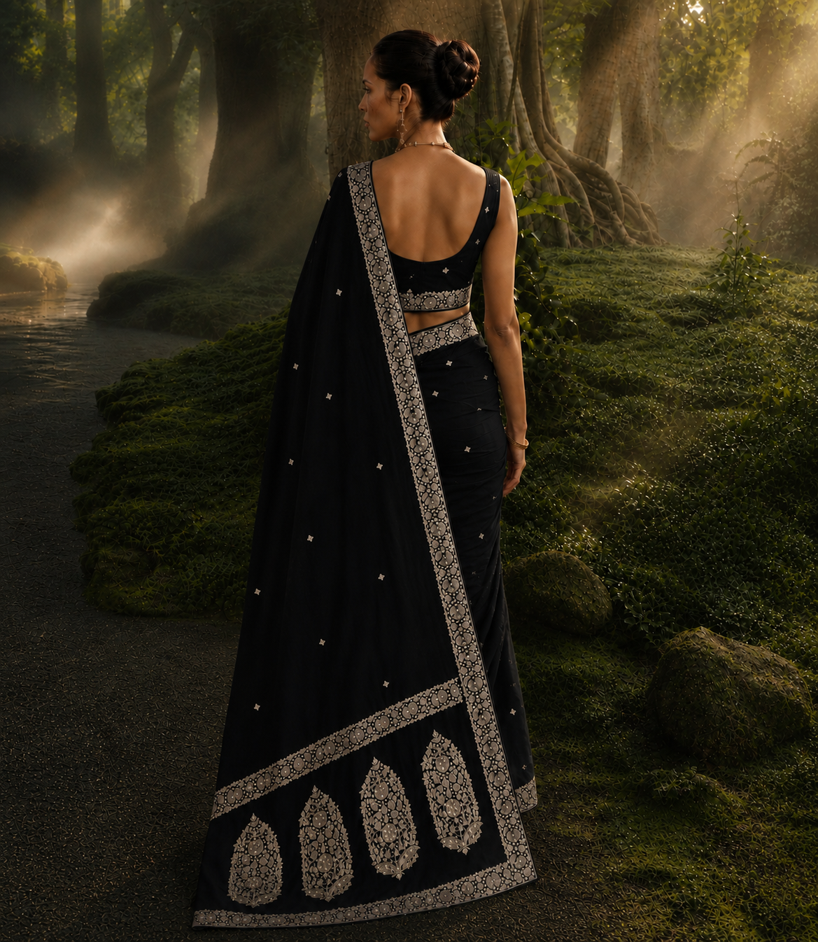 Banarasi Cross Black Shades Booti Pattern Mashru Silk Saree