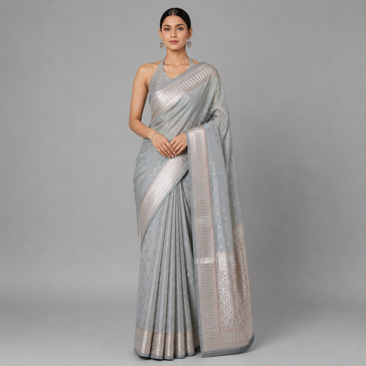 Sterling Silver Grey Katan Silk Saree
