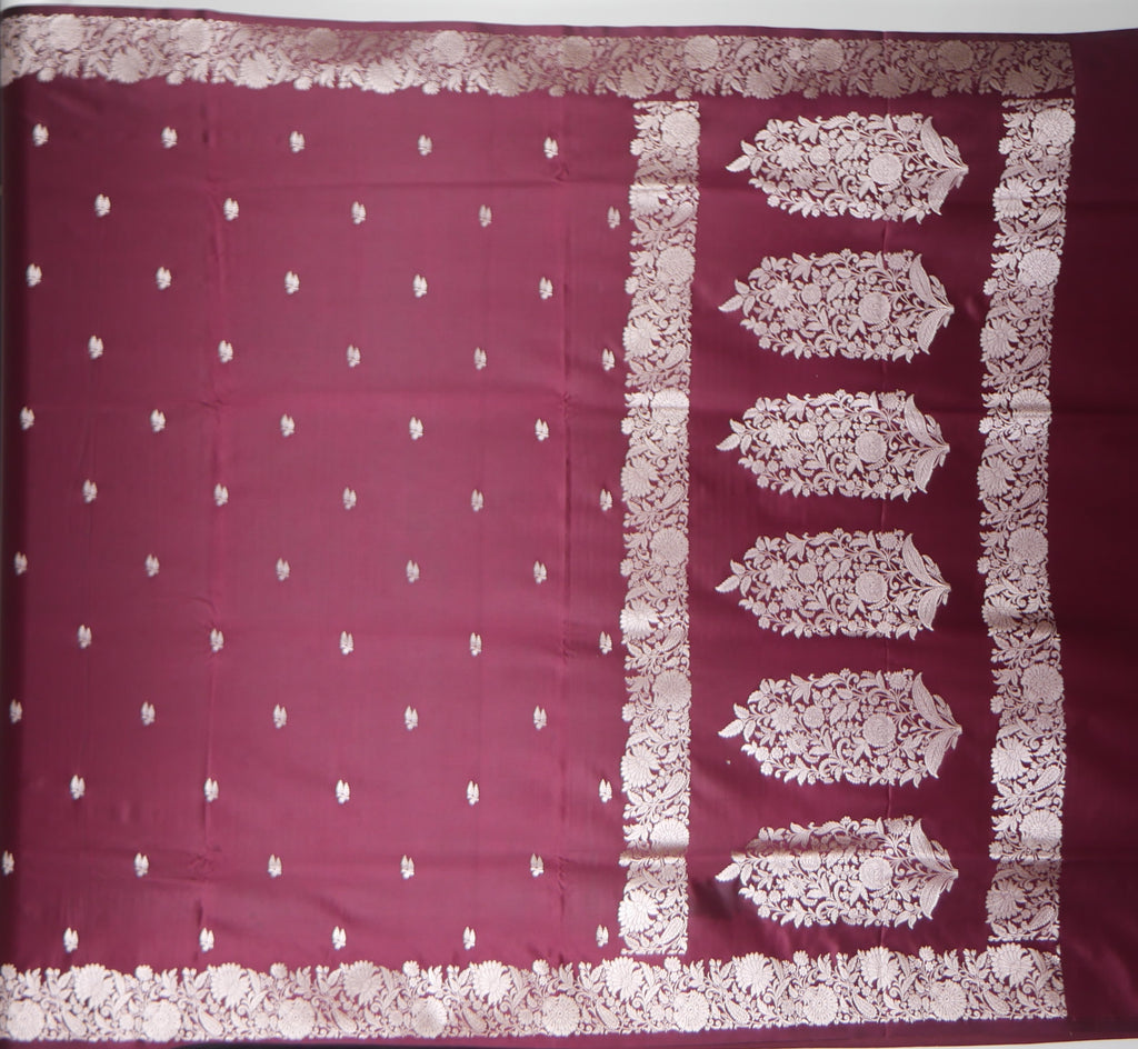 Banarasi Cross Wine Shades Booti Pattern Mashru Silk Saree