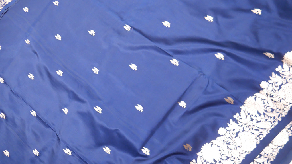 Banarasi Cross Blue Shades Booti Pattern Mashru Silk Saree