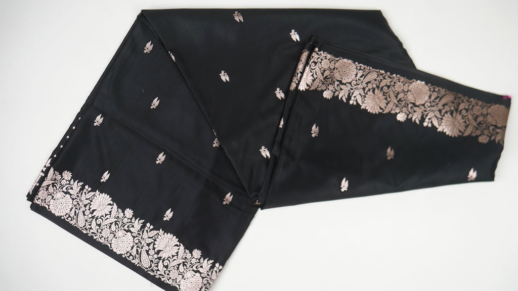 Banarasi Cross Black Shades Booti Pattern Mashru Silk Saree
