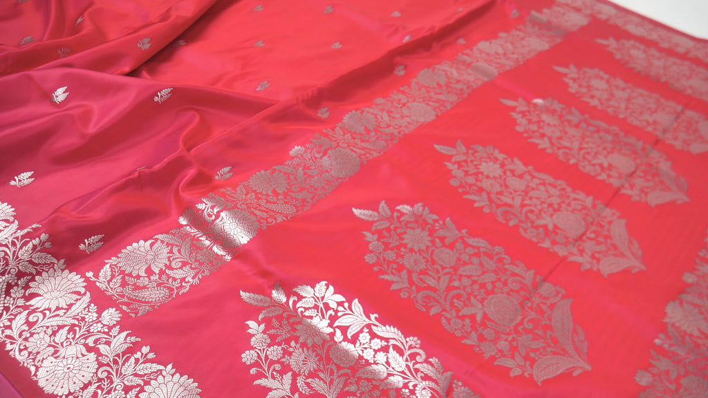 Banarasi Cross Light Red Shades Booti Pattern Mashru Silk Saree