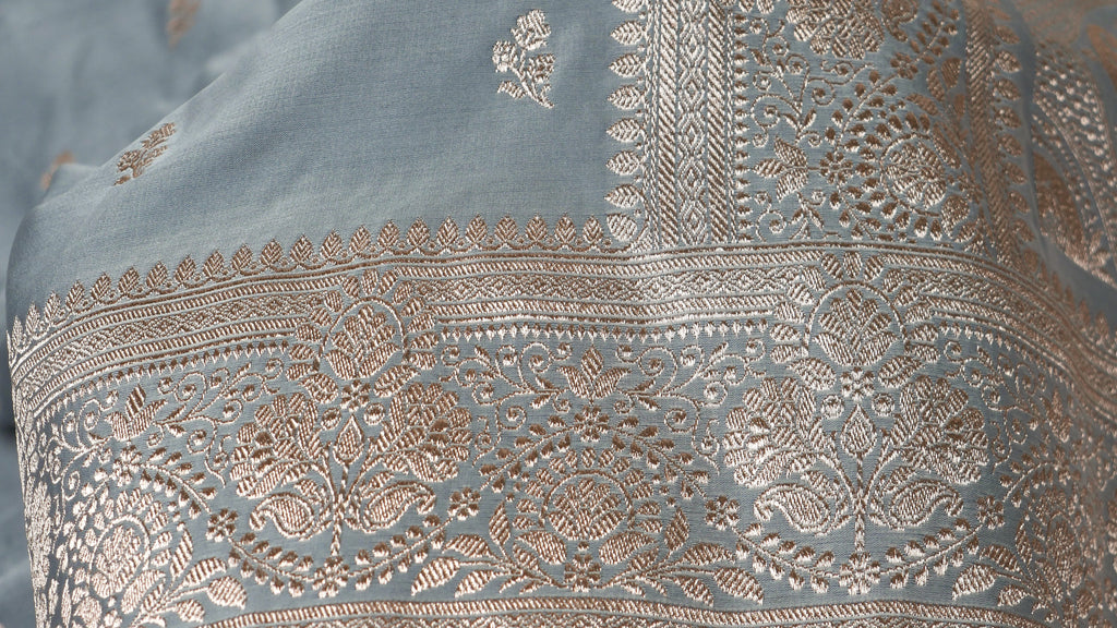 Banarasi Dusty Grey Katan Satin Silk Saree